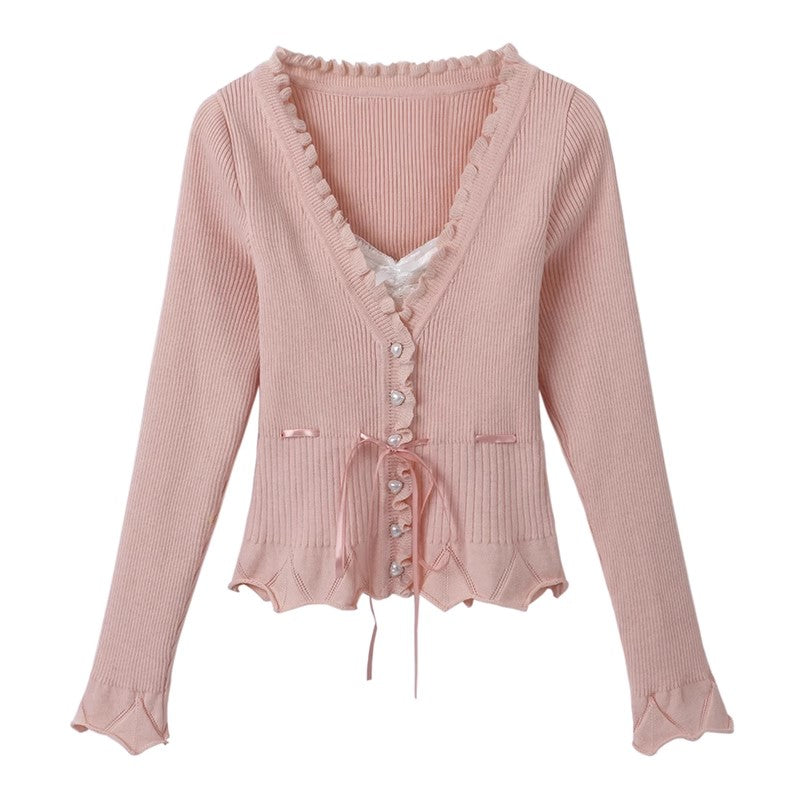 Knitted White Pink Heart Buttons Fitting Long Sleeve Tops Sweaters