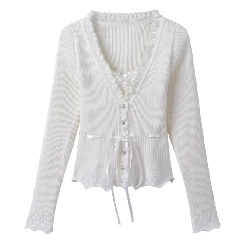 Knitted White Pink Heart Buttons Fitting Long Sleeve Tops Sweaters