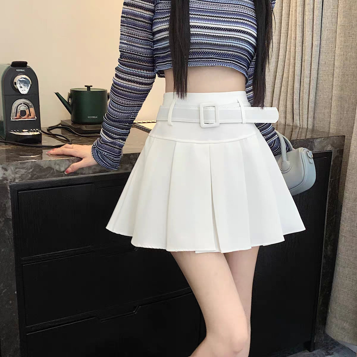 Summer Spring Girl Women White Black Pink High Waist Belt Pleated Skirt