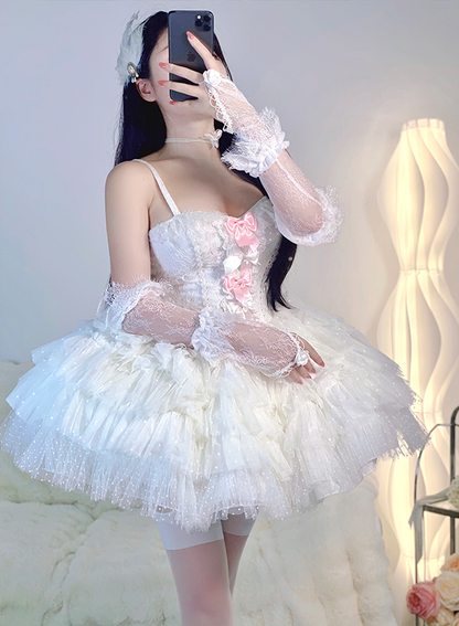 Diamond Sweetheart Pure White Swan Angel Pink Bow Coquette Princess Tulle Balletcore Strap Dress