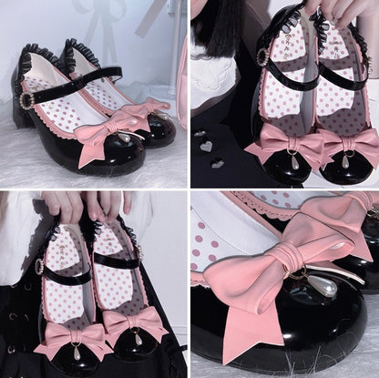 Sweet Cute Mary Jane Lace Black Pink White Red Leather High Heels Shoes