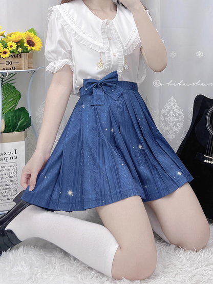 Stardust Midnight Navy Blue Stars Pattern Japanese School Student Uniform Seifuku Cosplay Short Skirt with Pockets