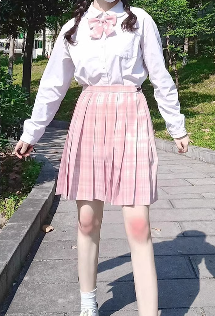 Plaid Pink Cherry Blossom Sakura Japanese Student Sailor Uniform Seifuku White Shirt & Skirt & Bow Tie Two Piece Set