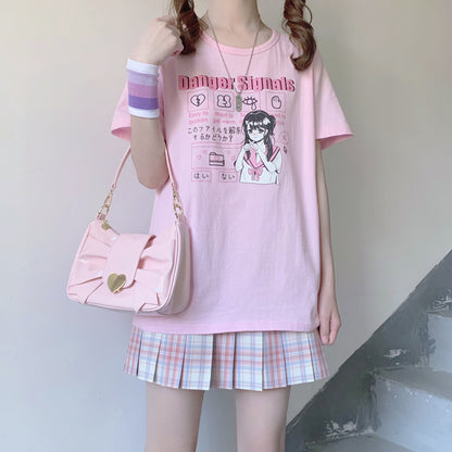 Danger Signals Pink Anime Print Cotton Short Sleeved Oversize T-shirt