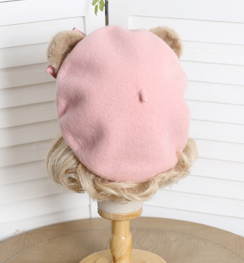 Cute Teddy Bear Ears with Bow Painter Beret Hat