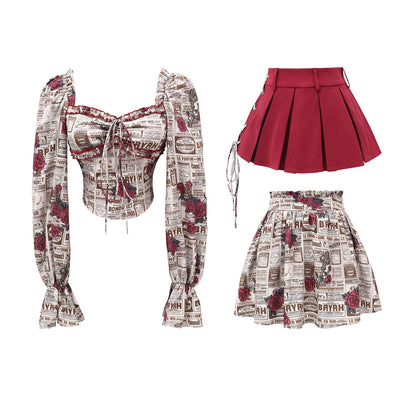 Red Rose Newspaper Retro Ruffled Top Spliced Skirt Two Piece Set