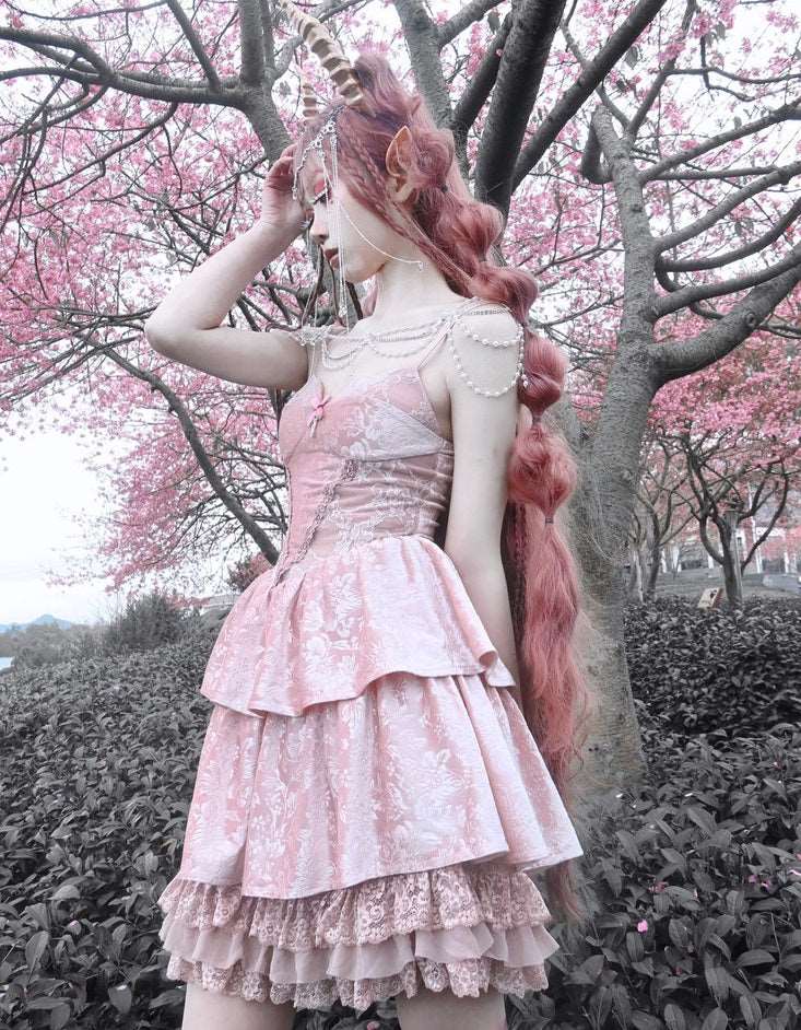 Guardian of Sakura Tress Gothic Lace Velvet Pink Cake Short Dress