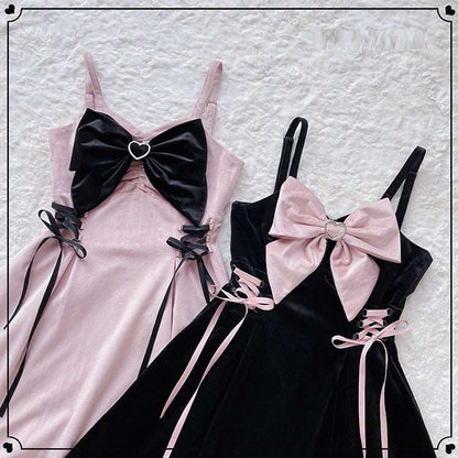 Bow Pretty Girl Black Pink Velvet Strap Dress