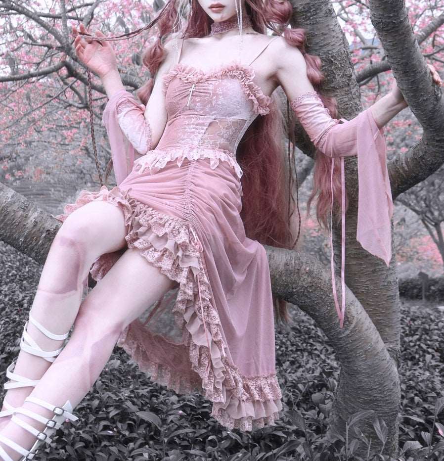 Guardian of Sakura Tress Gothic Lace Velvet Pink Suspender Dress