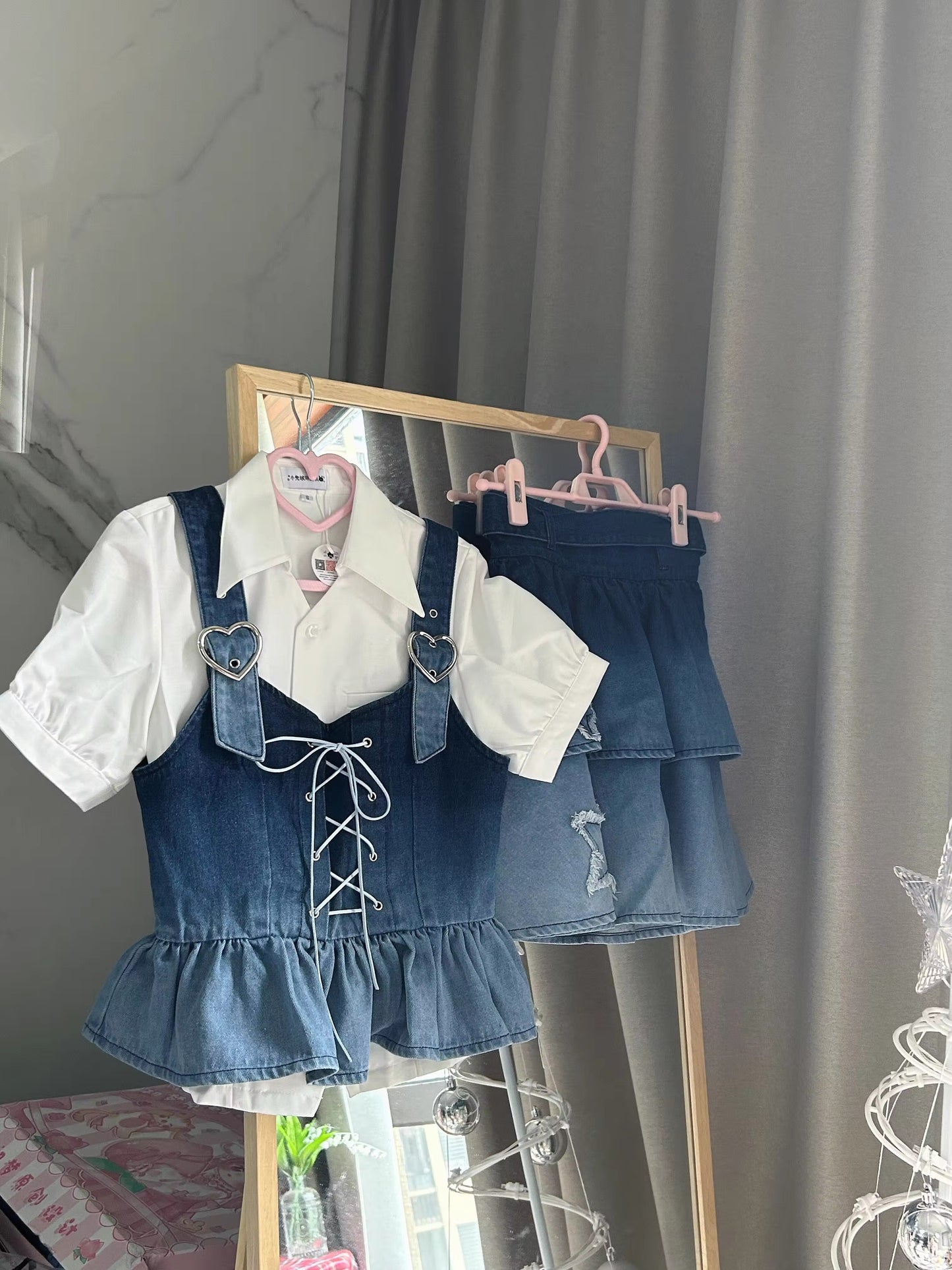 Y2K Cute Gradient Dyed Blue Stars Denim Suspender Shirt & Short Skirt Two Piece Set