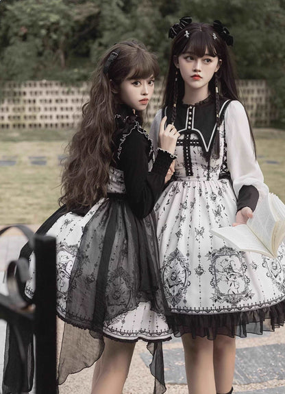 Butterfly Twins Gray Black White Gothic Princess Lace Bow Dollcore Girl Dress