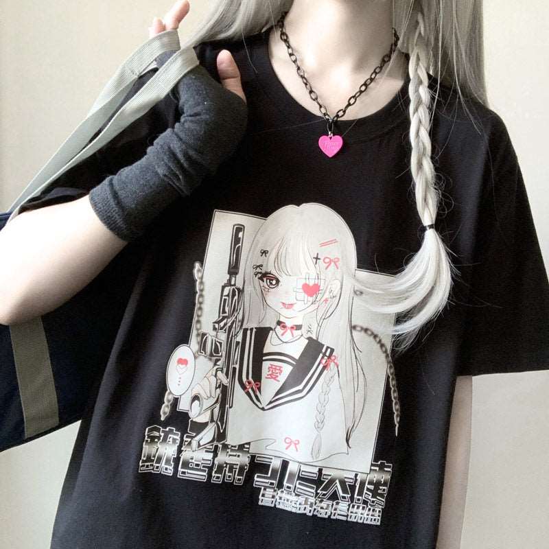 Angel Gunslinger Girl Black White Streetwear E-girl Grunge Japanese Y2K Print Cotton Short Sleeved Oversize T-shirt Tees Top