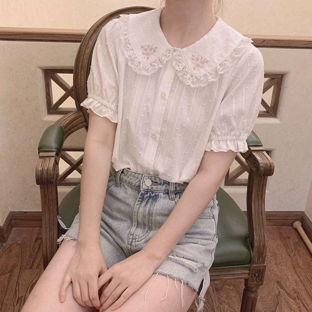 Spring Summer Vintage Day Girl Bouquet of Roses Embroidery Lace Cotton Doll Collar White Shirt Blouse