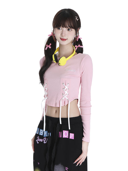 Sweet Butterfly Brooch Lace Black White Pink Long Sleeve T-Shirt Top Y2K