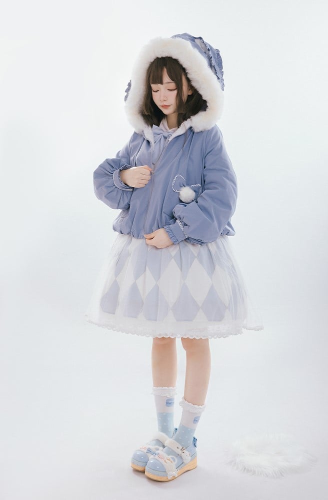 Pink Blue Winter Rabbit Ears Ruffled Wrist Jacket