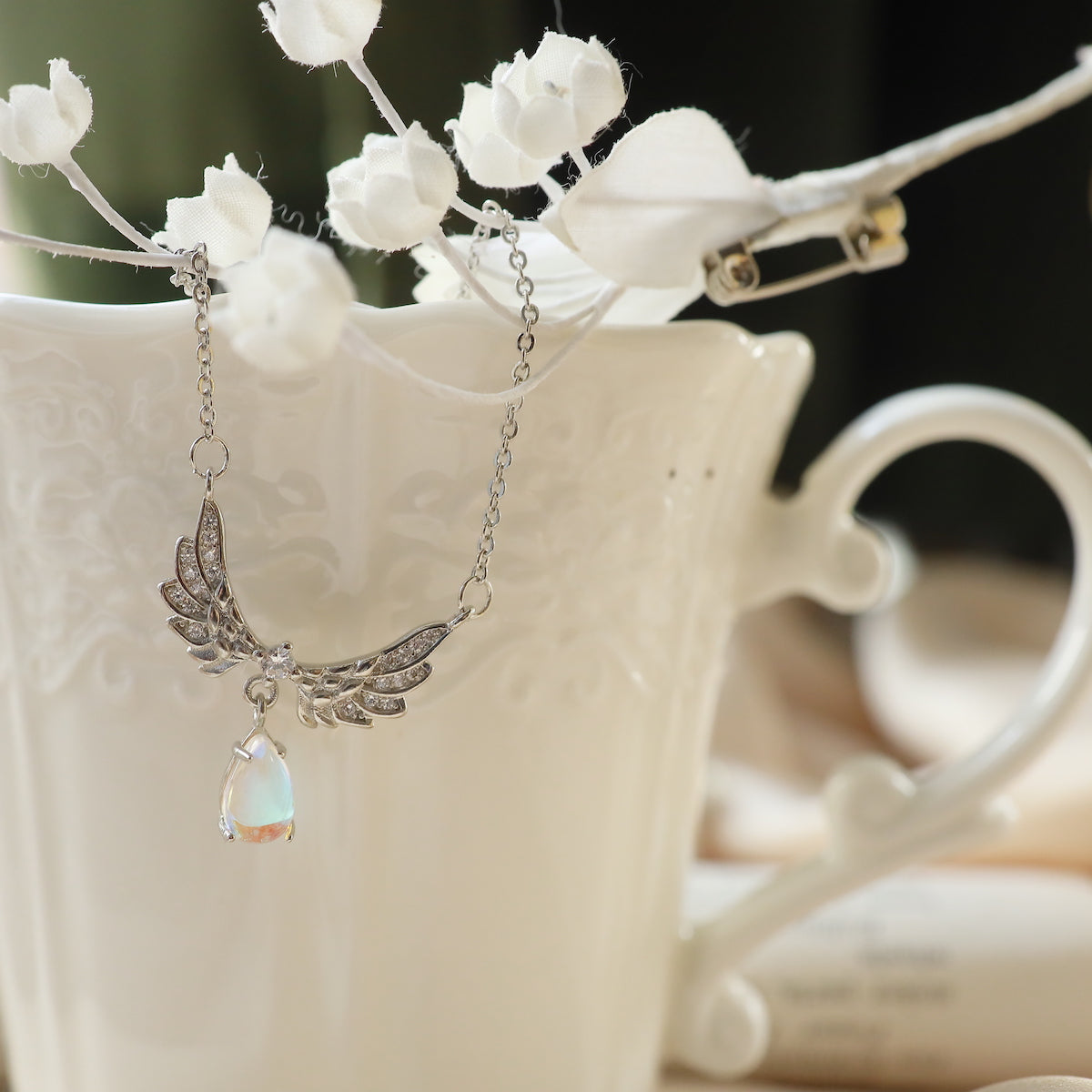 Exquisite Moonstone Angel Wings Pendant Necklace