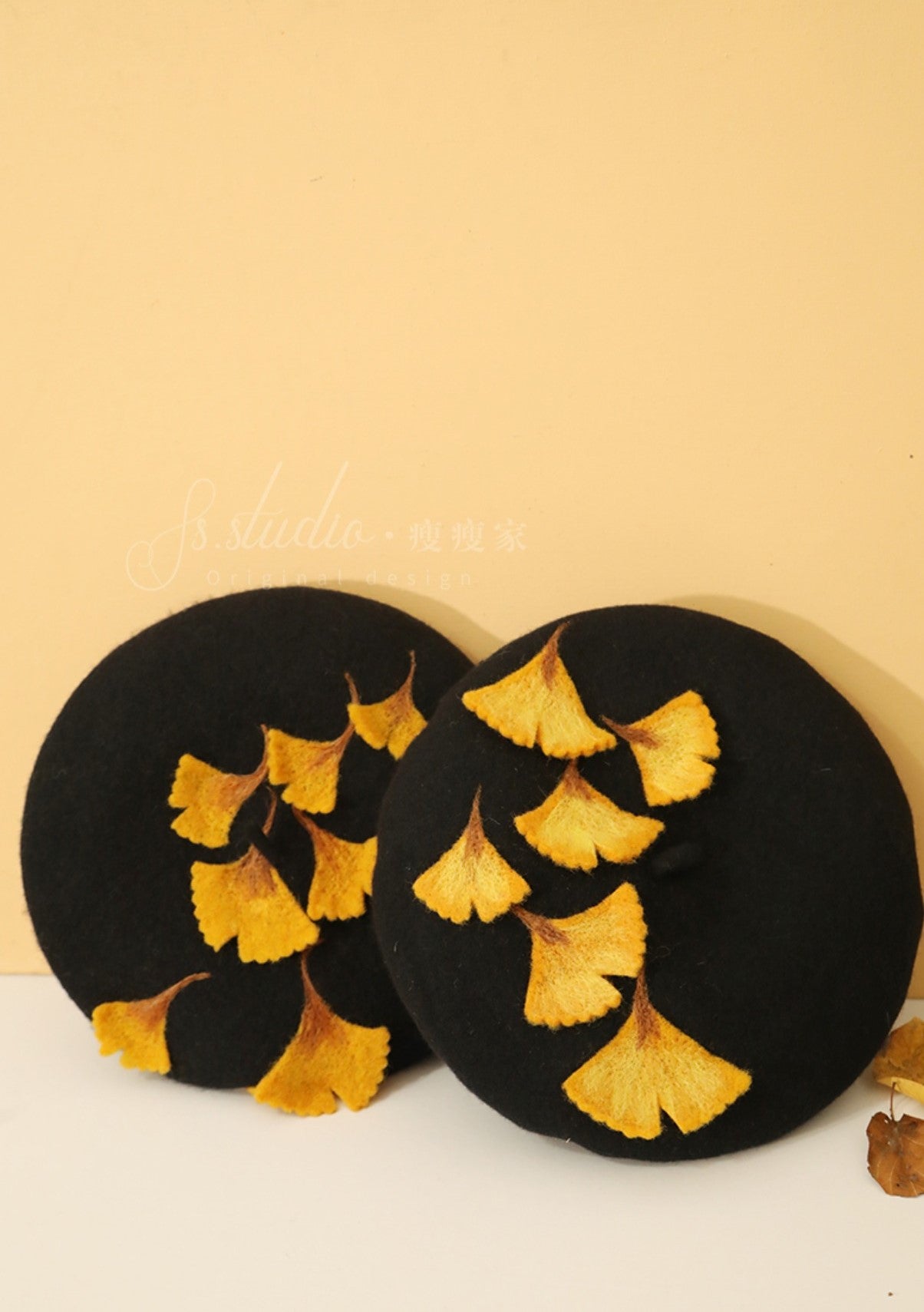 Cute Handmade Ginkgo Leaf & Fallen Autumn Leaves Wool Beret Hat