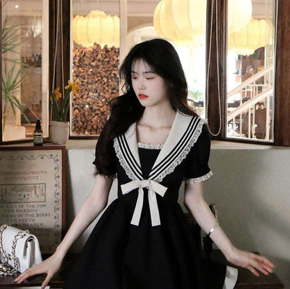 Elegant Cute Girl Women Classic Lace Navy Sailor Collar Short Black Summer Dress