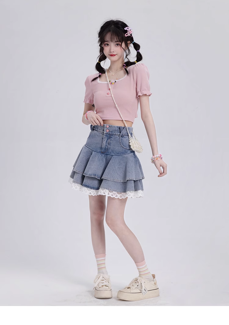 Y2K Sweet White Lace Heart Buttons Blue Denim Mini Skirt