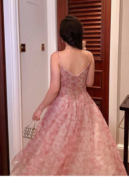 Plus Size Women Vintage Glow Beautiful Elegant Fairy Floral Sparkling Diamond Lilac & Pink V-neck Dress