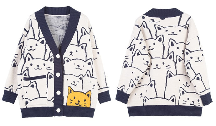 Cute Cat Pattern Knitted Cardigan