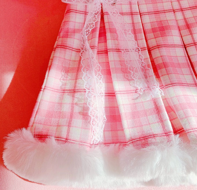 Harajuku Pink Plaid High Waist Fur Pleated Skirt