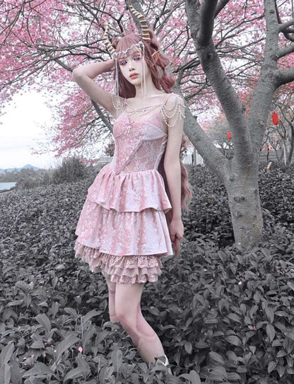 Blood Supply Guardian of Sakura Tress Gothic Lace Velvet Pink Cake Short Dress