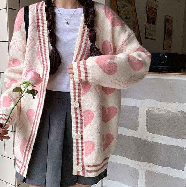 Japanese Cute Girl Student Spring Autumn Fall Sweet Soft V Neck Broken Heart Love Striped Embroidery Knit Long Sleeve Pink White Sweater Cardigan