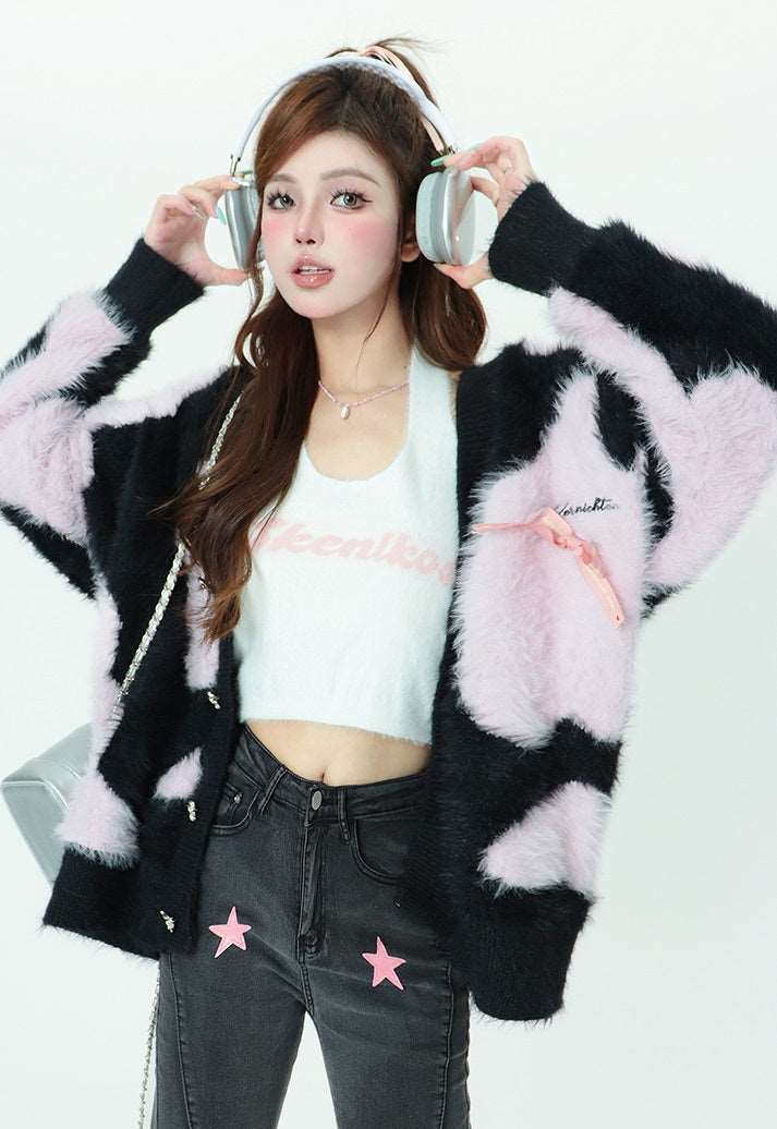 Black Pink Cow Autumn V Neck Knit Sweater Cardigan