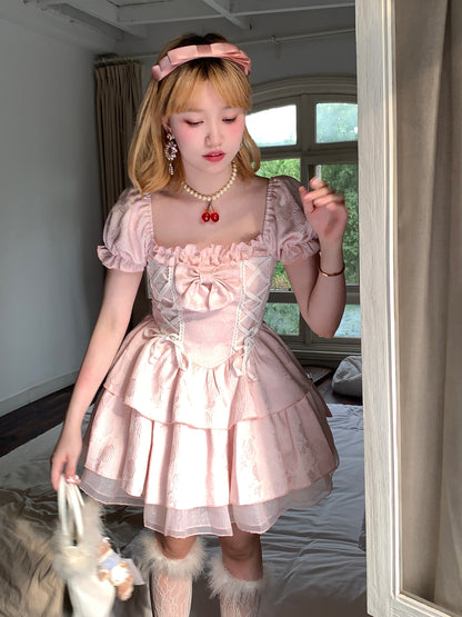 Picnic Girl Elegant Rose Pink Lace Embroidery Puff Sleeve Dress