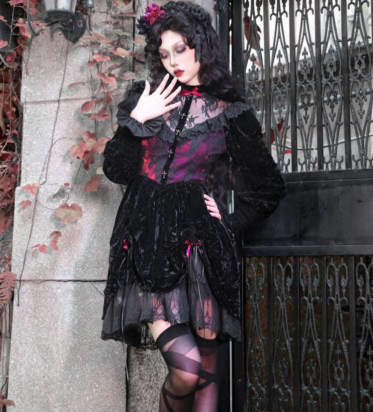 Dark Gothic Dream Rose Lace Drawstring Velvet Puff Sleeve Dress