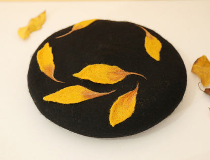 Cute Handmade Ginkgo Leaf & Fallen Autumn Leaves Wool Beret Hat