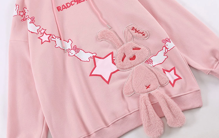 Escape from the Earth Goth Rabbit Black Pink Plush Fleece Cotton Big Loose Cozy Jacket Hoodie