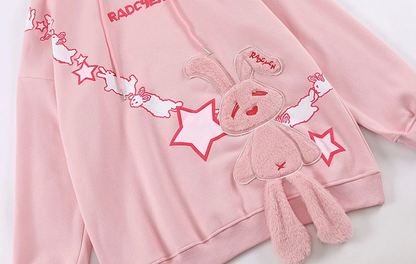 Escape from the Earth Goth Rabbit Black Pink Plush Fleece Cotton Big Loose Cozy Jacket Hoodie