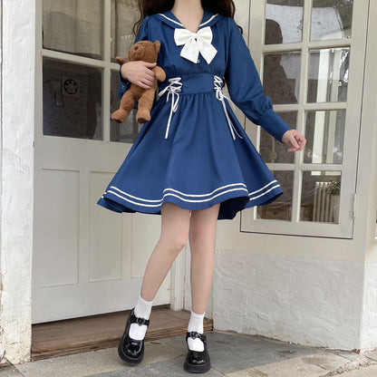 Sweet Girl Sailor Collar Navy Blue & White Bow Dress