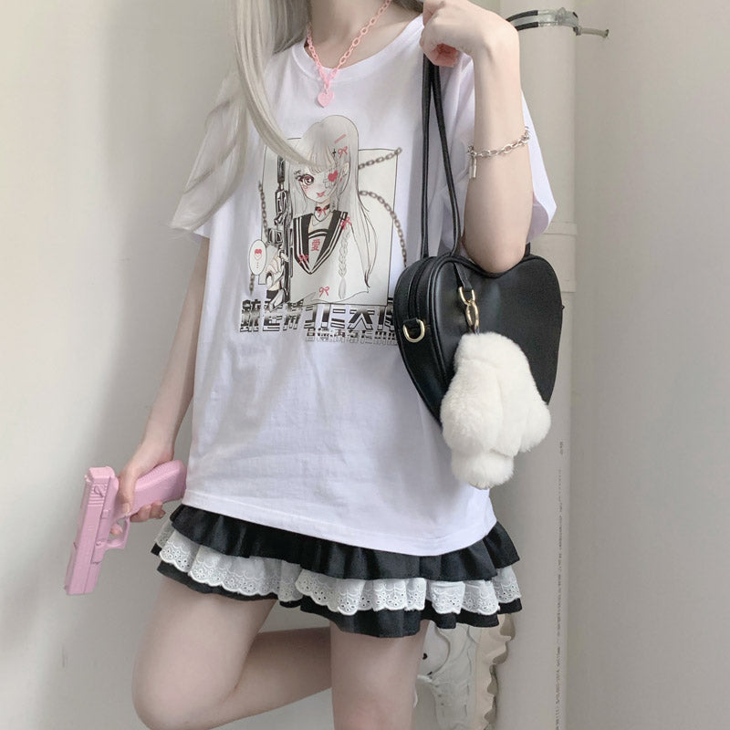 Angel Gunslinger Girl Black White Print Cotton Short Sleeved Oversize T-shirt