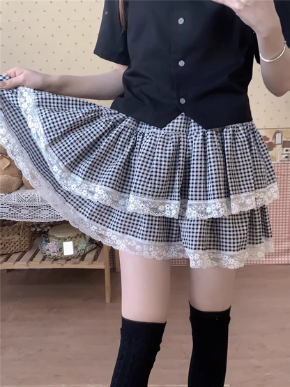 Cute Coquette Girl Black White Blue Plaid Pattern Comfy Mini Short Gathered Skirt