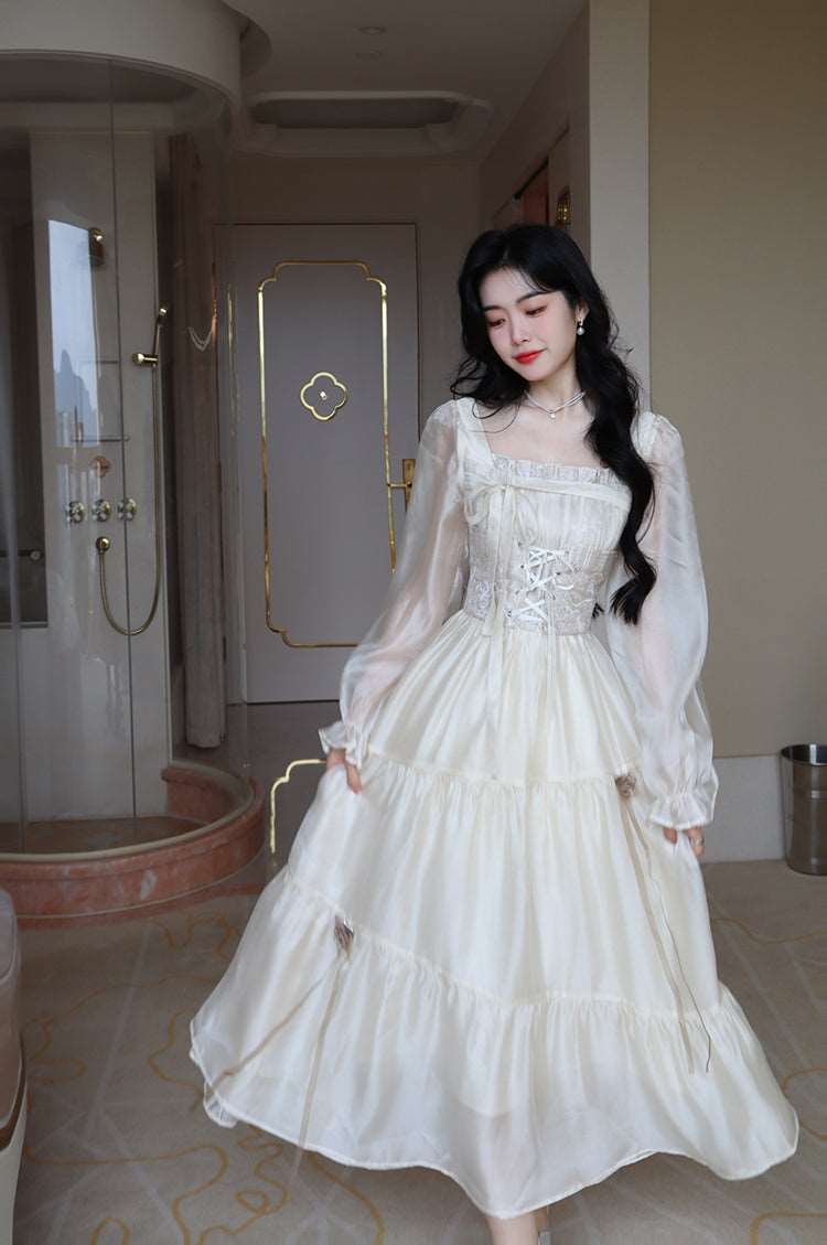 French Elegant Delicate Rose Princess Embroidery Jacquard Satin Soft Cream Long Sleeve Dress