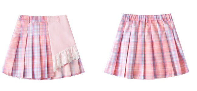 Harajuku High Waist Love Heart Chain Sweet Pink Blue Plaid Pleated Skirt