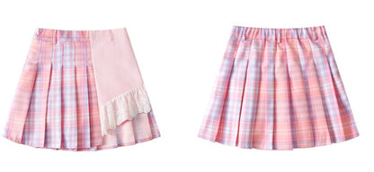 Harajuku High Waist Love Heart Chain Sweet Pink Blue Plaid Pleated Skirt