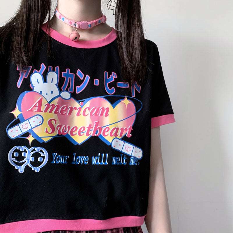 American Sweetheart Bandaid Bunny Streetwear Y2K Print Black T-shirt Tees Top