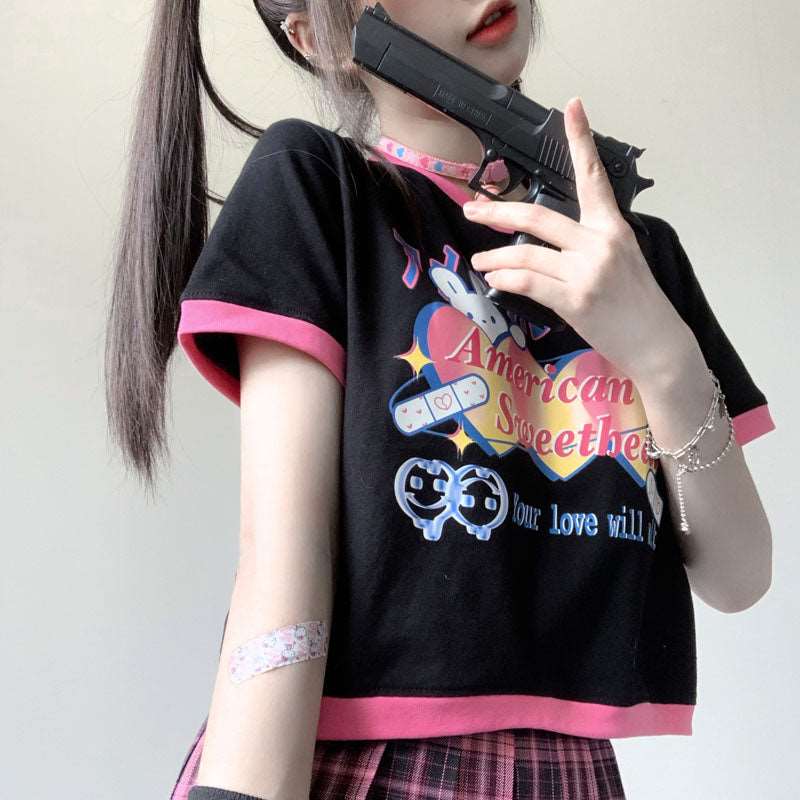 American Sweetheart Bandaid Bunny Streetwear E-girl Grunge Japanese Y2K Print Cotton Black Short Sleeved T-shirt Tees Top