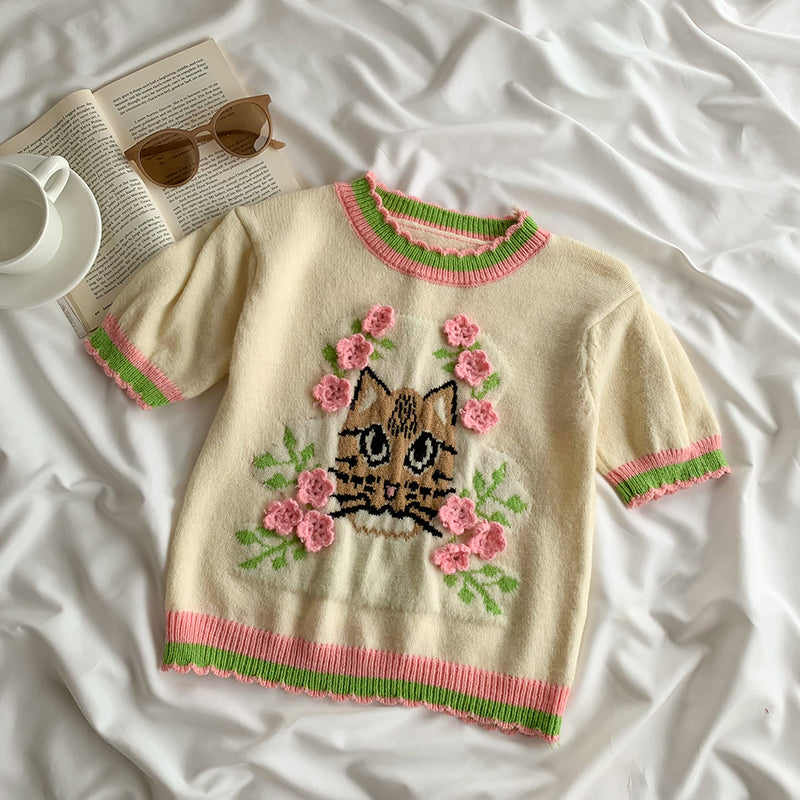 Tiger Cat Embroidery Short Sleeve Knit Top Shirt