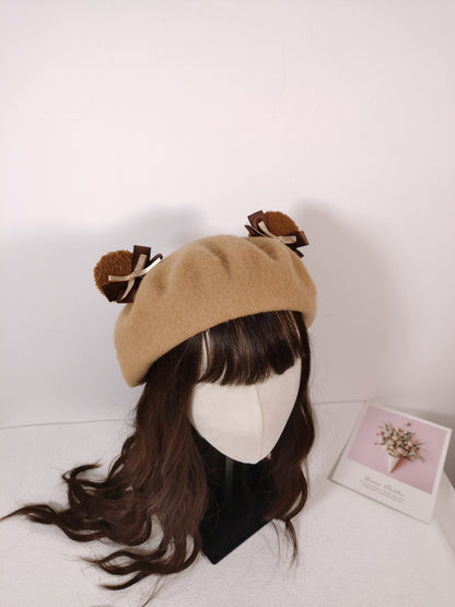 Cute Bear Teddy Ears Wool Beret Hat