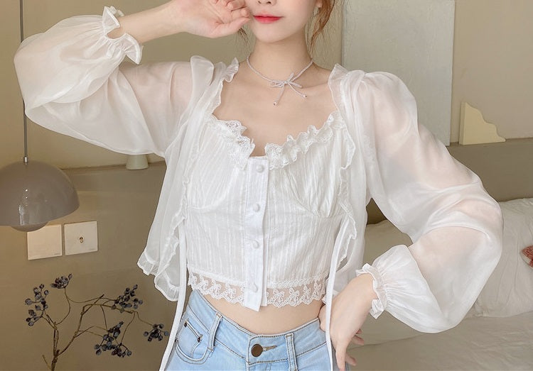 Fairy See Through White Cream Cardigan & Camisole Top Two Piece Set