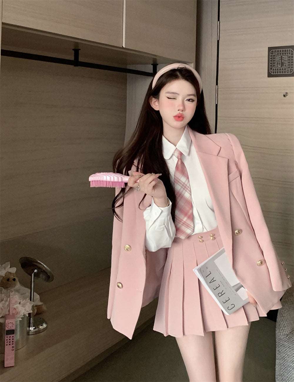 Classic Elegant Student Girl Sweet Spring Soft Black & Pink Suit Jacket Long Sleeve Shirt Skirt Three Piece Set