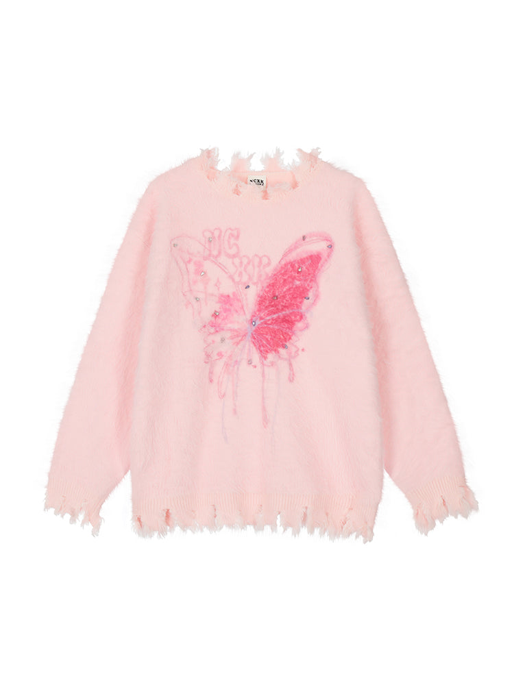 Butterfly Print Diamond Pullover Knitted Pink White Oversize Sweater