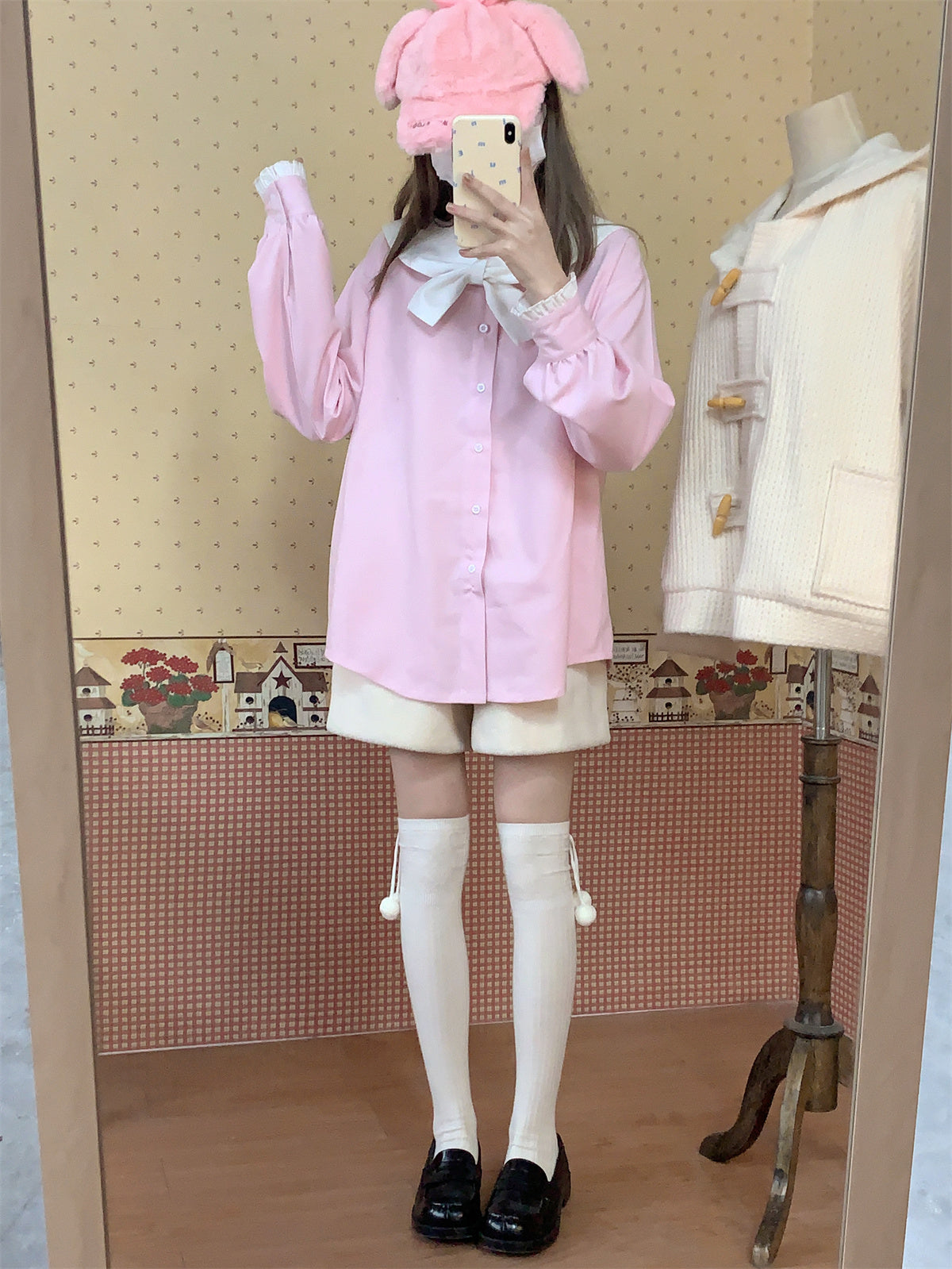 Cute Soft Pastel Pink Sailor Collar Long Sleeve T-Shirt Top