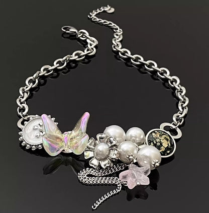 Pearl Colorful Butterfly Chain Pendant Necklace