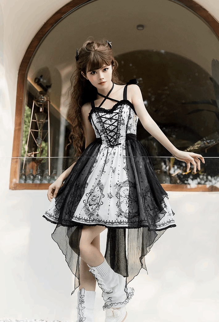 Butterfly Twins Gray Black White Gothic Princess Lace Bow Dollcore Girl Dress